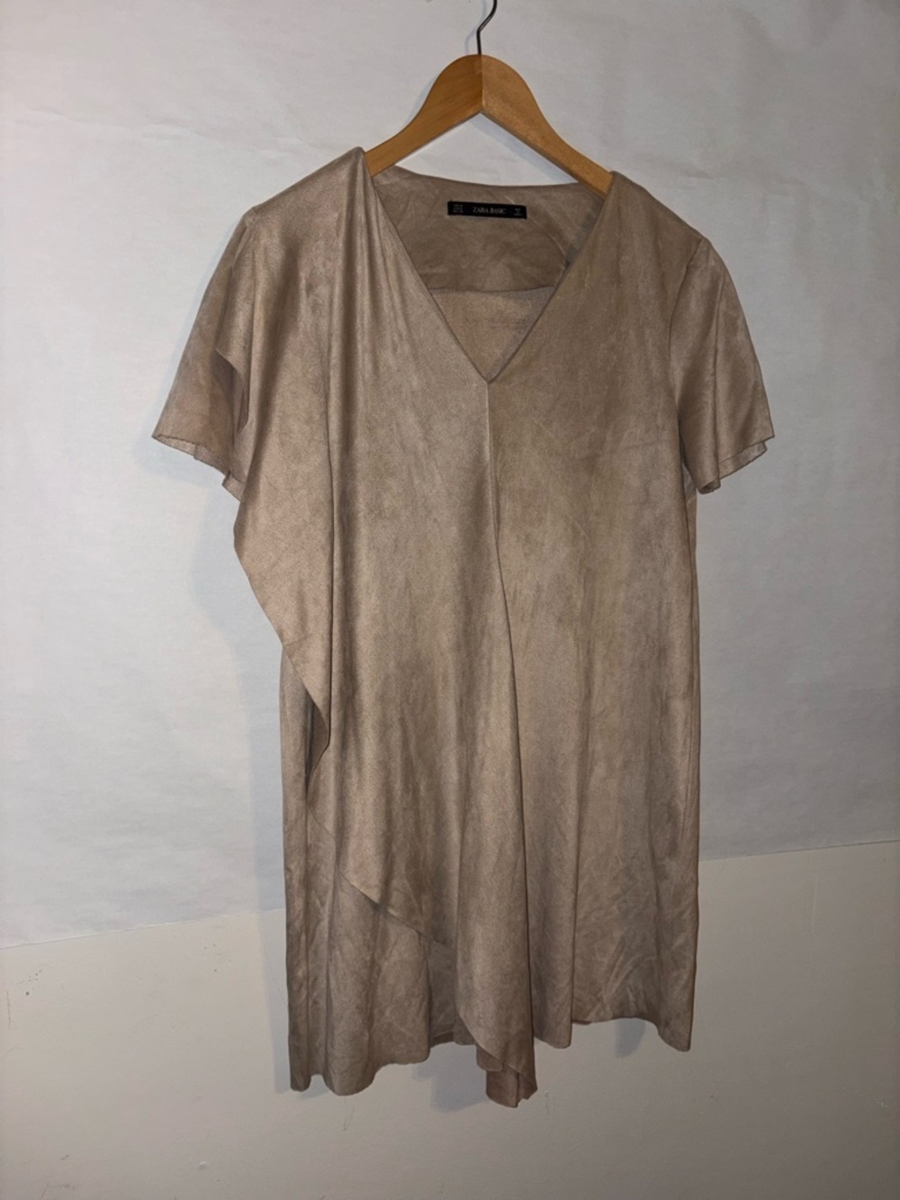 Zara Basic Faux Suede Shift Dress Beige Tan V-Neck Draped Medium